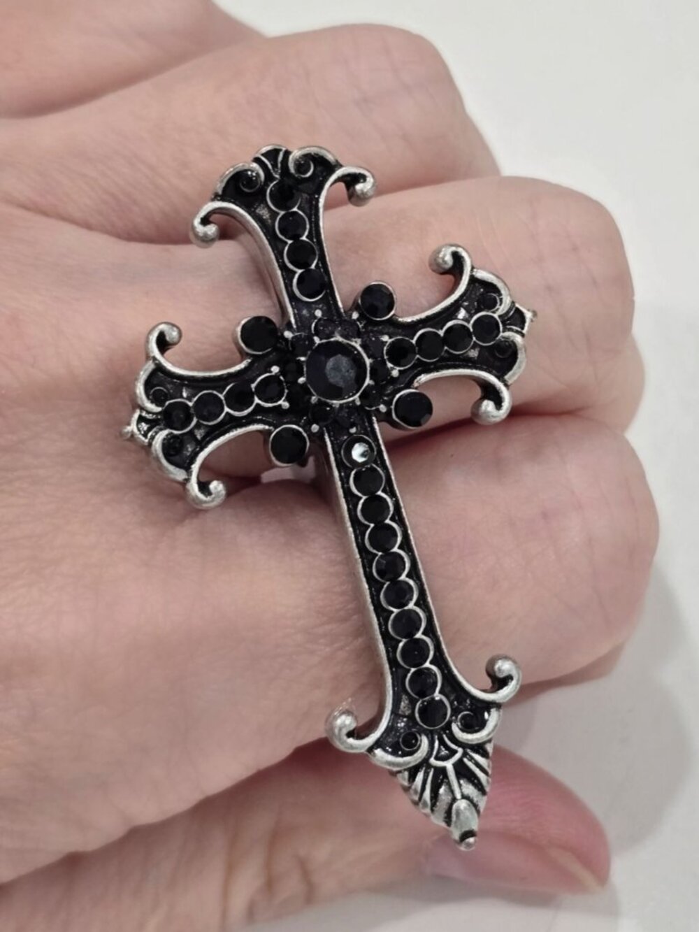 Killstar ✦ Mea Culpa Gothic Cross Ring ✦ Silver Black Crystal Double Band 9 NIP